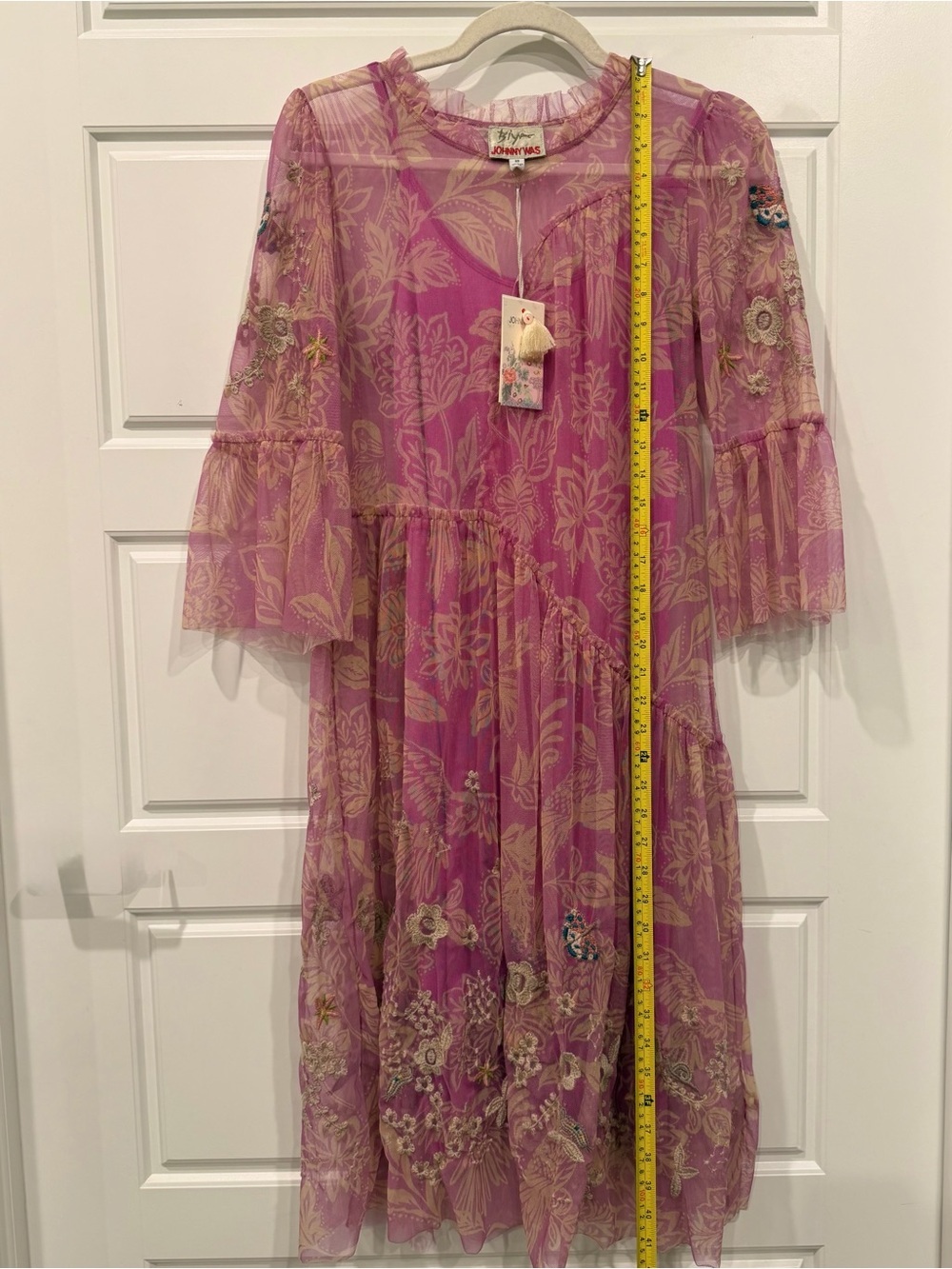 NWT JOHNNY WAS Biya Mazzy Arching Ruffles Dress Pink Floral Embroidered XS Boho - Picture 7 of 13